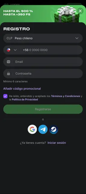 Lucky Star: formulario de registro en pesos chilenos con prefijo +56