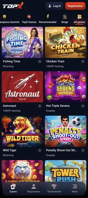 Pantalla de TopX: vista de todos los juegos del casino