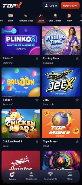 Sección de juegos crash con JetX, Plinko 2 y Aviator en TopX desde el celular